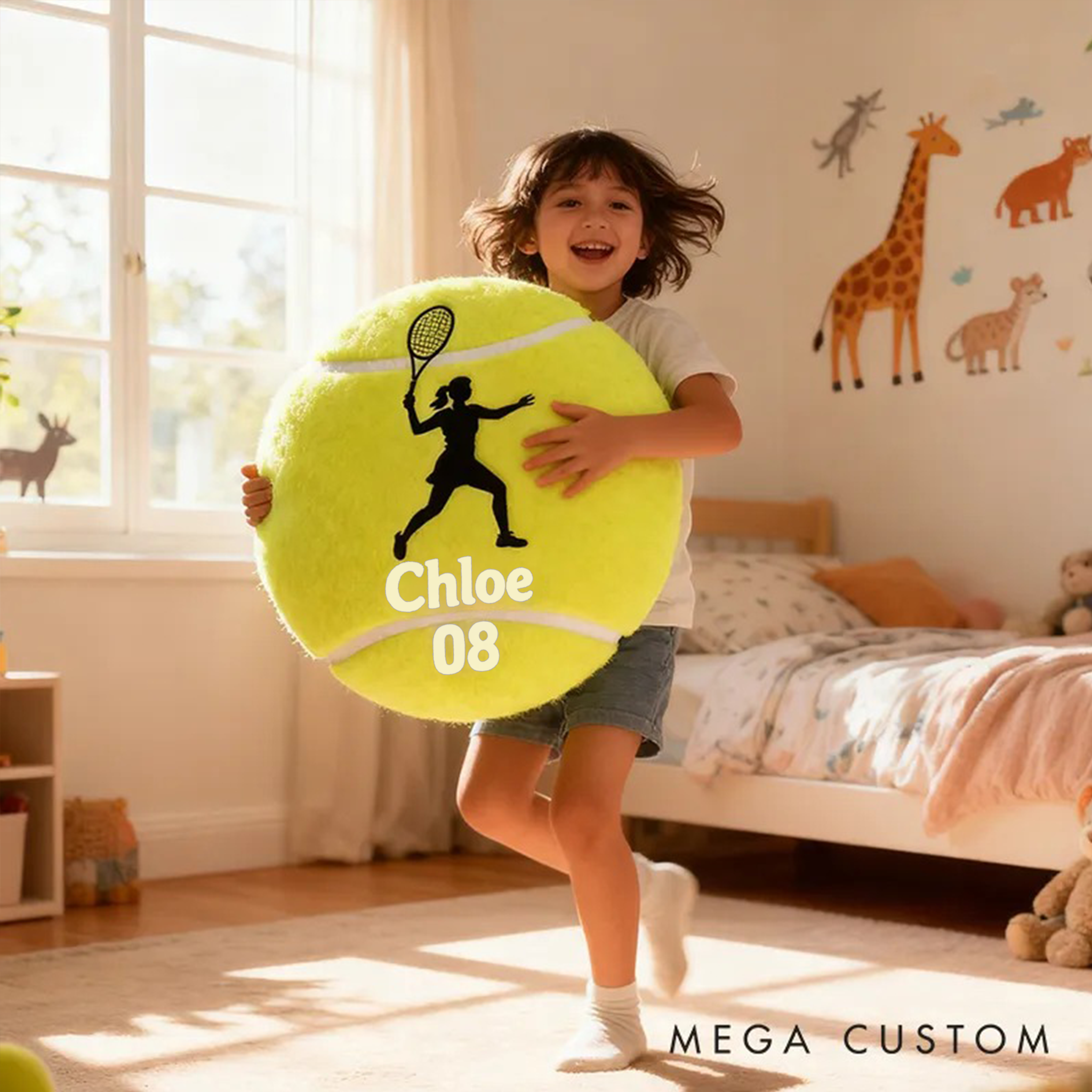 Personalized Tennis Ball Pillow with Player Graphic and Custom Details for Sports Fans