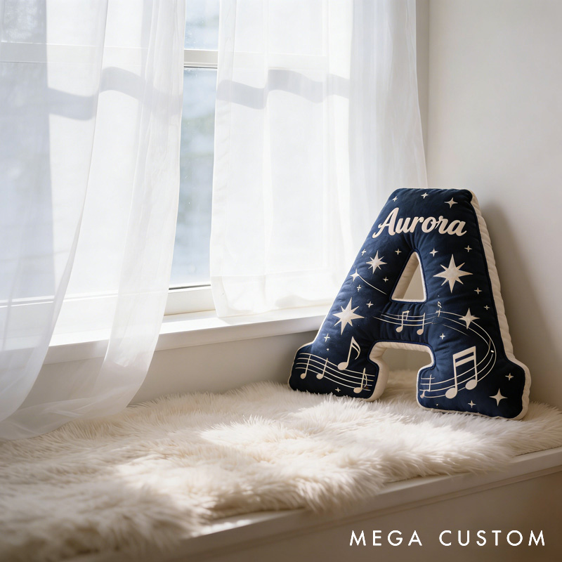 Personalized Starry Sky Sheet Music Letter Pillow with Name Soft Stuffed Toy for Kids Music Lovers Unique Decorative Cushion for Kids' Room