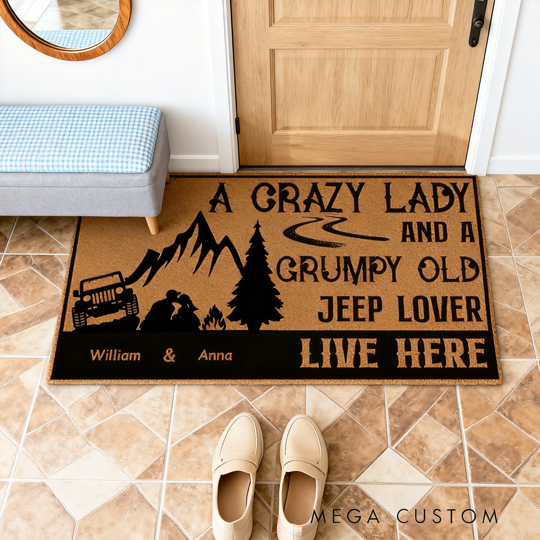 Personalized Jeep Lover Doormat Custom Name Mountain Camping Entry Rug Funny Car Enthusiast Welcome Mat Gift For Couple Family And Offroad Fans