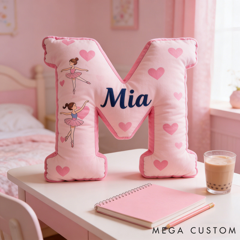 Personalized Heart Ballet Dancers Cartoon Letter Pillow with Name Soft Stuffed Toy for Kids and Lover Unique Decorative Cushion for Girls' Room for Valentine's Day Anniversary birthday