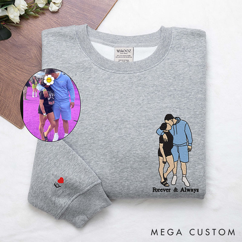Personalized Couple Embroidered Photo Portrait Matching Sweatshirts Custom Couple Hoodies with Text Valentine's Day Gift Anniversary Gift for Him Her