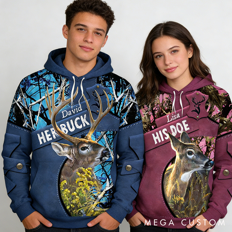 Personalized Couple Matching 3D Hoodie Her Buck His Doe Hoodie Custom Name Couple Gift Valentine's Day Gift For Couple