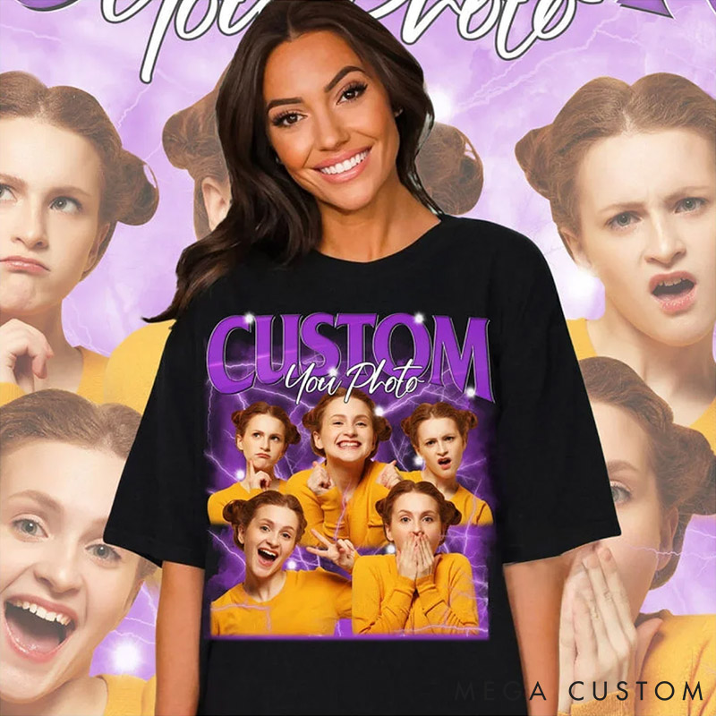 Personalized Girlfriend Bootleg Style Classic T-Shirt Custom Text Boyfriend Photo Tee Couple Face Rap Style Shirt Valentine's Day Gift for Him Her