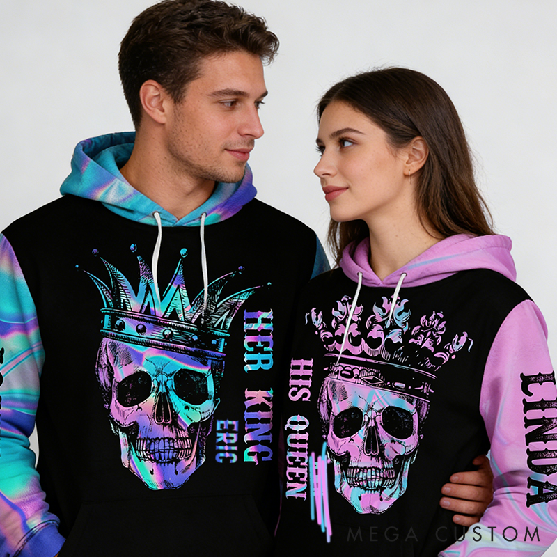 Personalized Skull Color Beauty King And Queen Matching 3D Hoodie Custom Name All Over Print Valentine Gift for Couple 