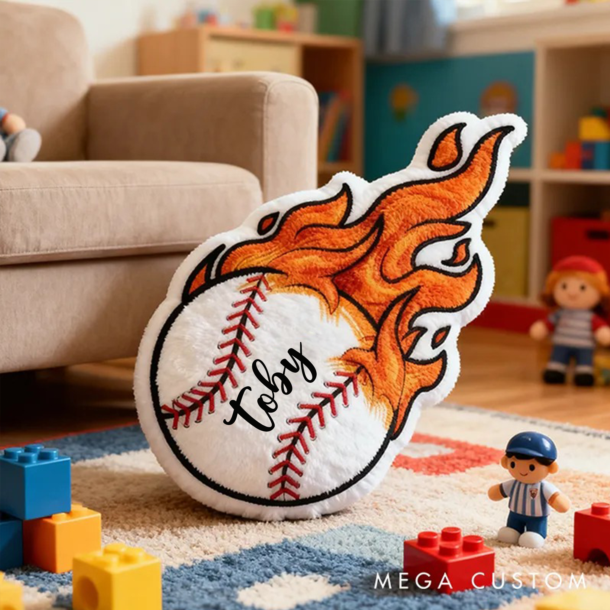 Personalized Baseball Flame Pillow with Custom Name for Sports Lovers and Kids