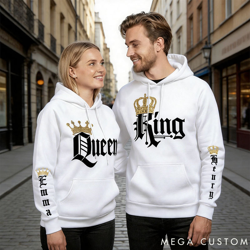 Personalized Couple Royal King and Queen with Crown Matching Hoodie Custom Couple Sweatshirt with Name Anniversary Valentine's Day Gift for Him Her
