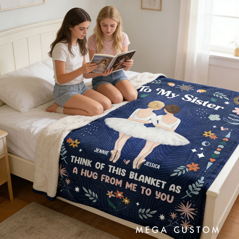 Personalized Cartoon Sister Blanket 'A Hug From Me To You' Custom Photo and Name Gift for Family Friends Dancer