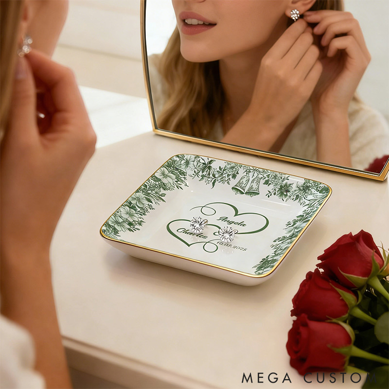 Personalized Heart Flower Ceramic Trinket Jewelry Dish with Name and Date Toile De Jouy Ring Dish Valentine's Gift for Wife Anniversary Gift for Girlfriend