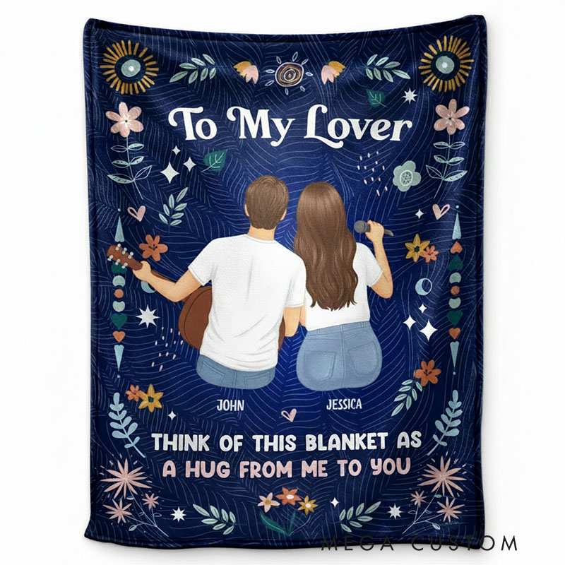 Personalized Cartoon Lover Blanket 'A Hug From Me To You' Custom Photo and Name Gift for Couple Familys Friends Music Lovers for Valentine's Day Anniversary