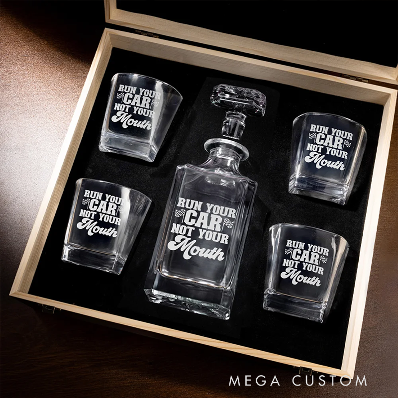 Personalized Racing Gifts Custom Whiskey Decanter and Glass Set with Engraved Text for Car and Racing Lovers
