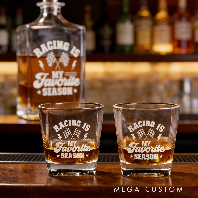 Personalized Racing Gifts Custom Whiskey Decanter and Glass Set with Engraved Text for Race Car Lovers Home Bar Decor