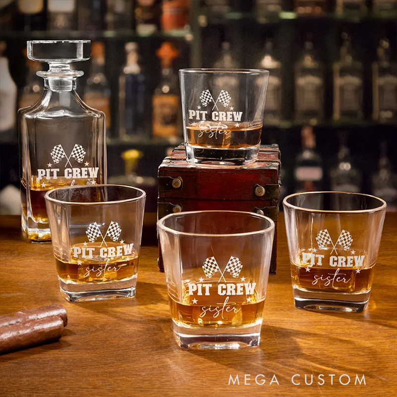 Personalized Racing Gifts Custom Whiskey Decanter and Glass Set with Engraved Name and Text for Car and Whiskey Lovers