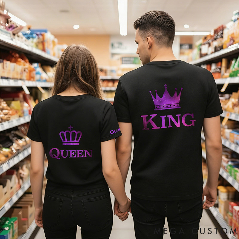 Personalized Couple Purple King and Queen with Crown Matching T-Shirts Custom Couple Shirts Tee with Name Anniversary Gift Valentine's Day Gift