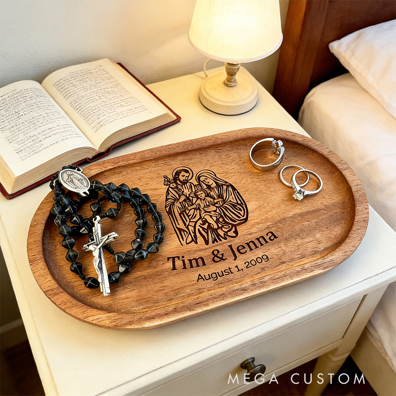 Personalized Holy Family Wooden Rosary Tray Jewelry Holder with Custom Name and Date Religious Gift Anniversary Wedding Gift Catholic Gift