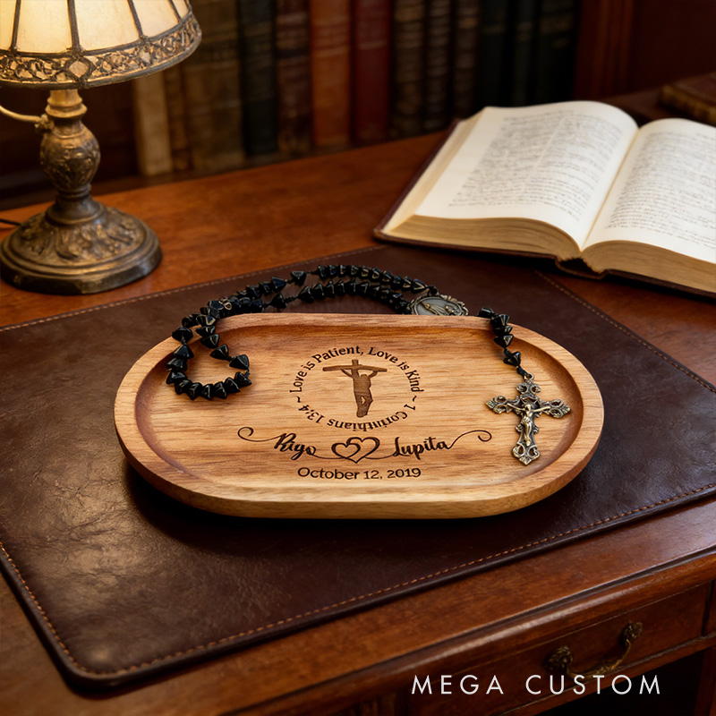 Personalized Love is Patient Wooden Rosary Tray Jewelry Holder with Custom Name and Date Religious Gift Anniversary Wedding Gift Catholic Gift
