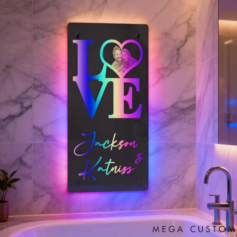 Personalized Couple Photo LOVE with Name Seductive Mirror LED Light Custom Couple Portrait Mirror Light Anniversary Valentines Day Gift for Him Her