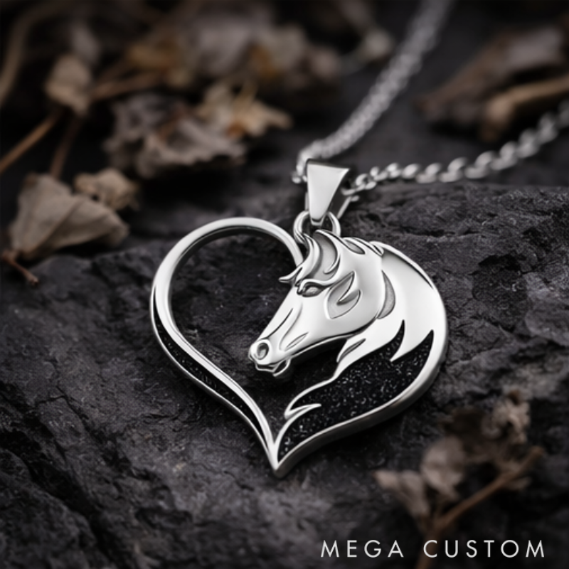 Personalized Horse Head Heart Pendant Necklace Custom Name Unique Holiday Gift for Couples