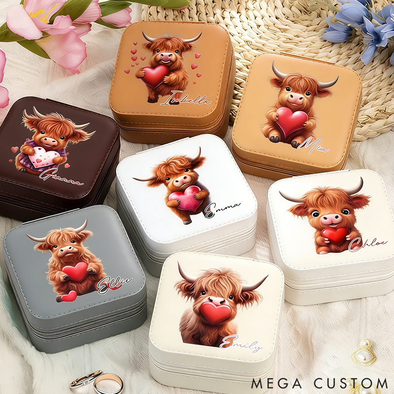 Personalized Pet Lover Cute Love Heart Highland Cow with Name Birthday Anniversary Valentine's Day Jewelry Box
