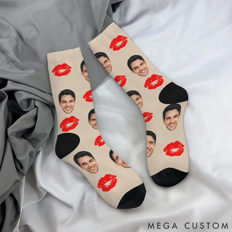 Personalized Couple Photo Portrait Red Lip Print Socks Custom Girlfriend Boyfriend Portrait Socks Valentines Day Gift for Him Her Anniversary Gift