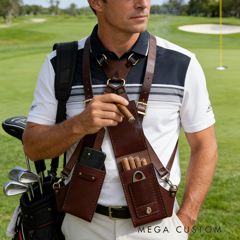 Leather Cigar & Phone Chest Rig – Adjustable Shoulder Harness with Cigar Holder, Cutter Pocket & Phone Pouch