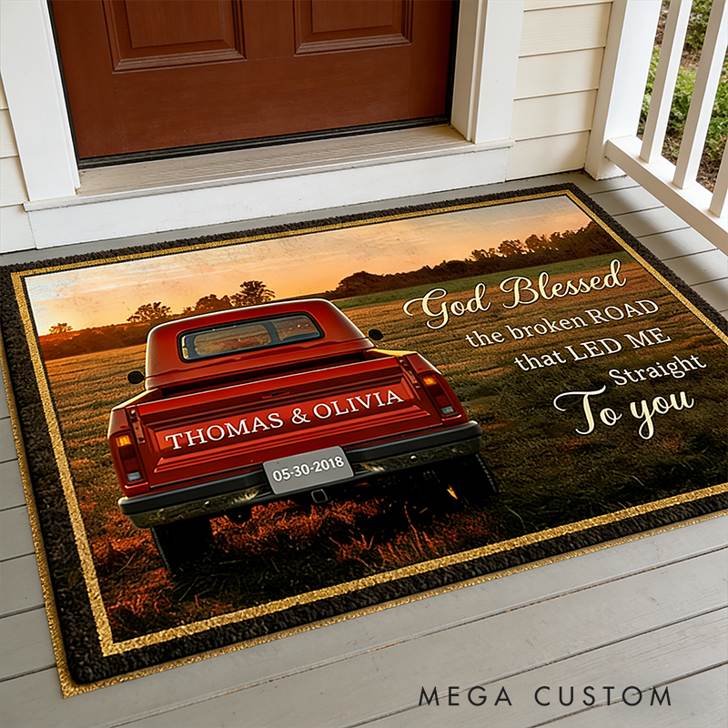 Personalized Couple Gifts Custom Truck Door Mat with Names Vintage Pickup Entry Doormat for Home Decor