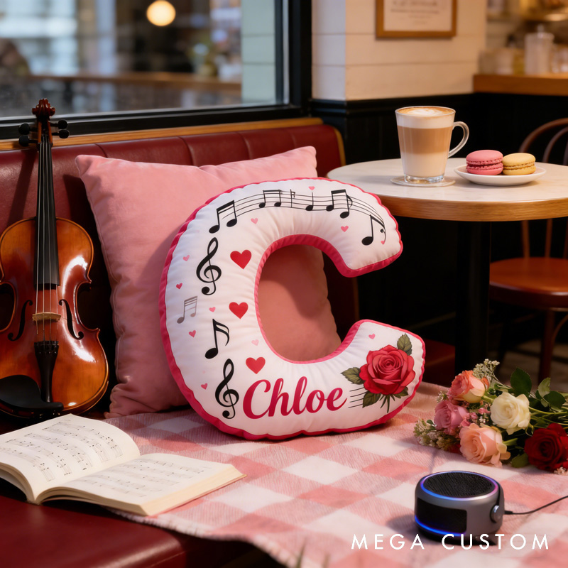 Personalized Rose Heart Sheet Music Letter Pillow with Name Soft Stuffed Toy for Kids Lover Music Lovers for Valentine's Day Anniversary Confession