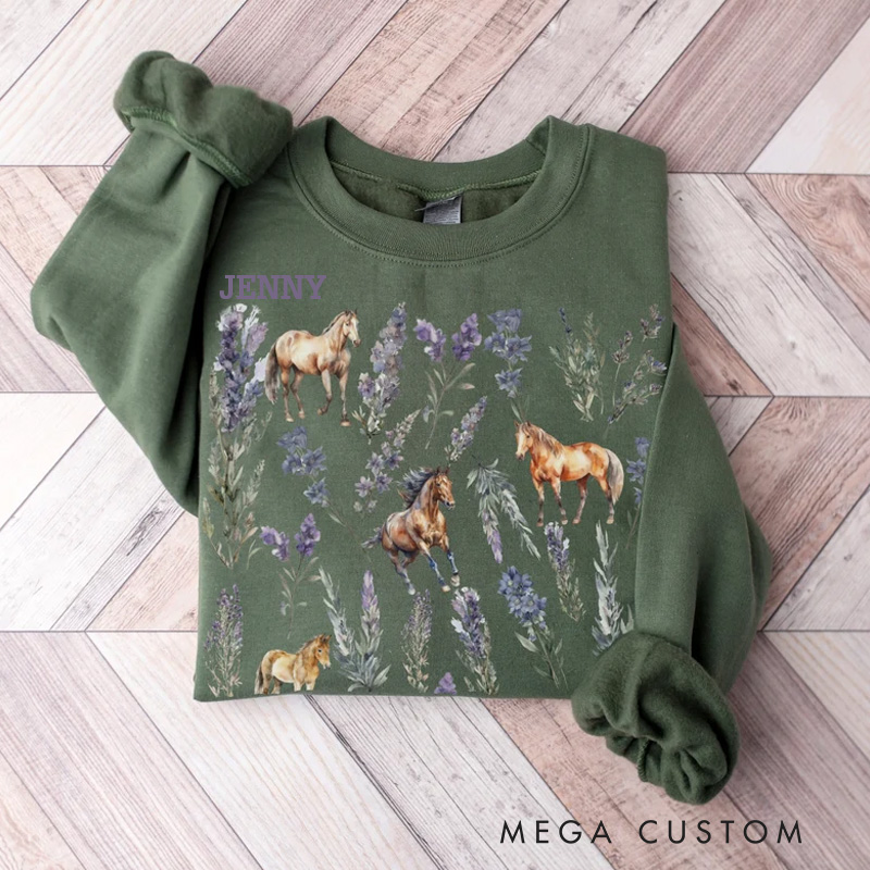 Personalized Floral Horse Sweatshirt Lavender Horse Girl Sweater Lilac Flower Crewneck Floral Equestrian Shirt Horseback Riding for Riding Lovers