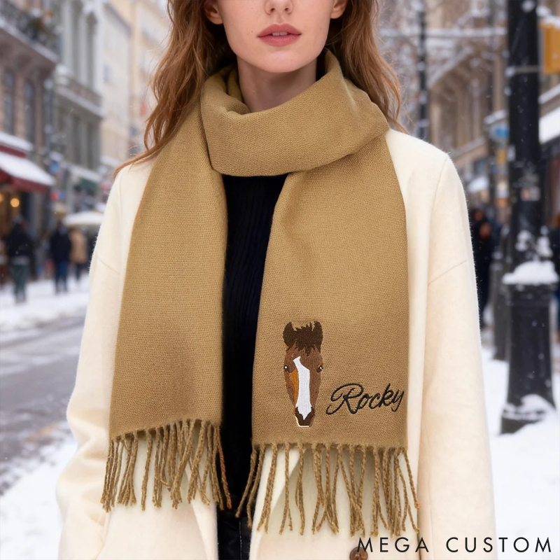 Personalized Pet Lover Pet Embroidered Horse Face Silhouette Soft Warm Scarf Shawl with Name Birthday Gift for Couple