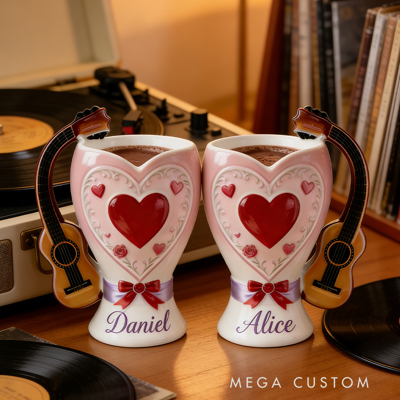 Personalized Valentine Guitar Handle Heart Mugs Set – Custom Name Couple Coffee Mugs