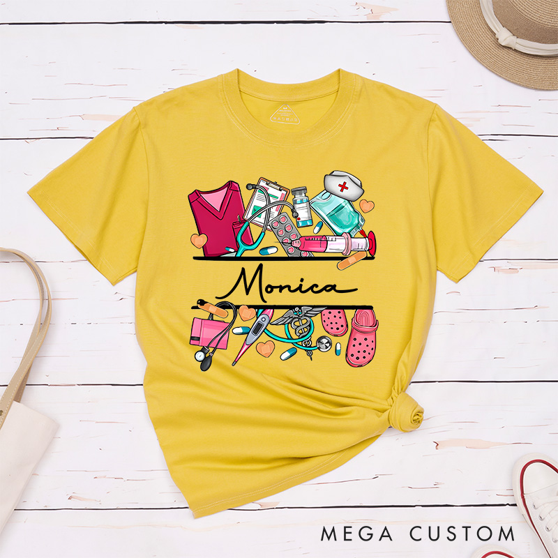 Personalized Nurse T-Shirts Nurse's Essentials Tools of Care Fashion Design T-Shirts