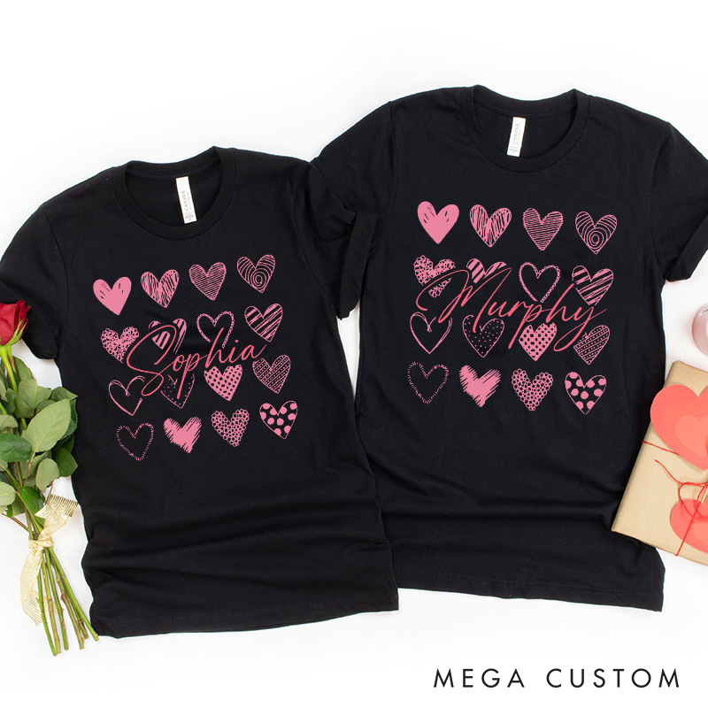 Personalized Couple Sweet Pink Hearts Matching T-Shirt with Name Valentine's Day T-Shirt for Husband Wife Boyfriend Girlfriend Gift for Hubby Wifey