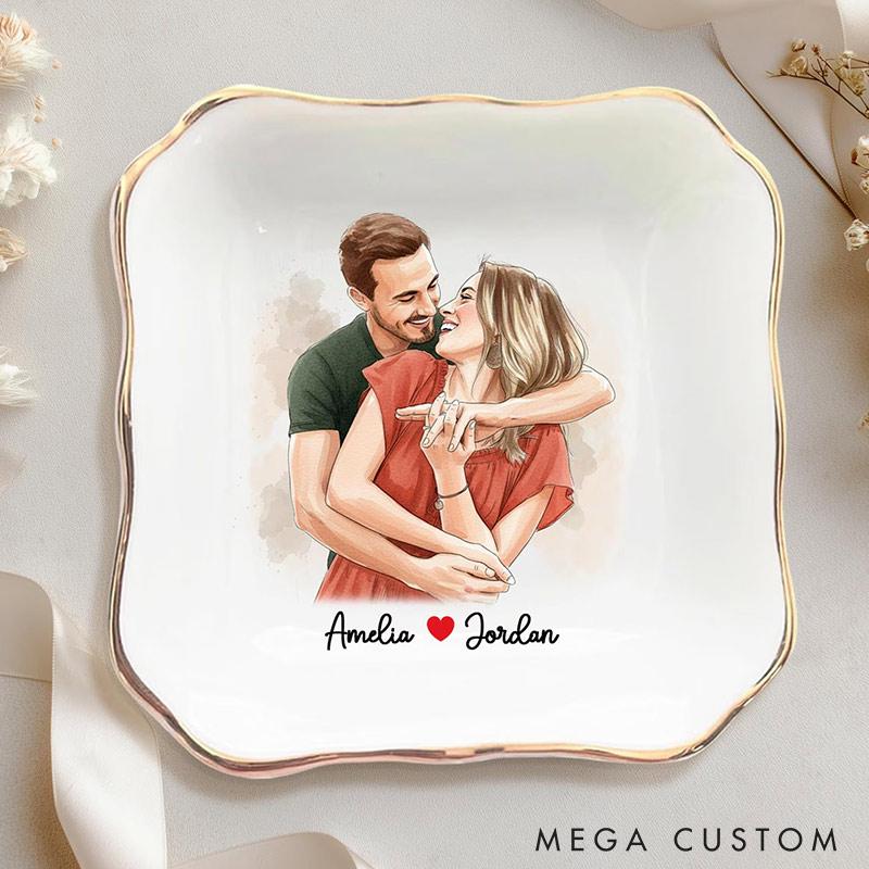 Personalized Heart Flower Ceramic Trinket Jewelry Dish with Initial and Date Toile De Jouy Ring Dish Valentine's Gift for Wife Anniversary Gift for Girlfriend