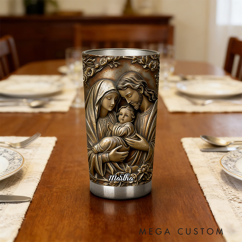 Personalized the Holy Family 20oz Stainless Steel Tumbler with Custom Name 3D Design Tumbler Religious Gift Faith Gift for Christians