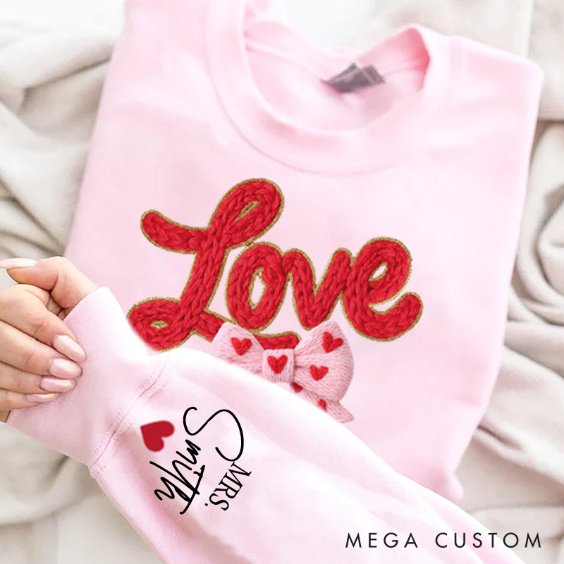 Personalized Girlfriend Wife Fur Thread Love with Bow Valentine's Day Sweatshirt with Name Valentine's Day Gift for Man Woman Anniversary Gift