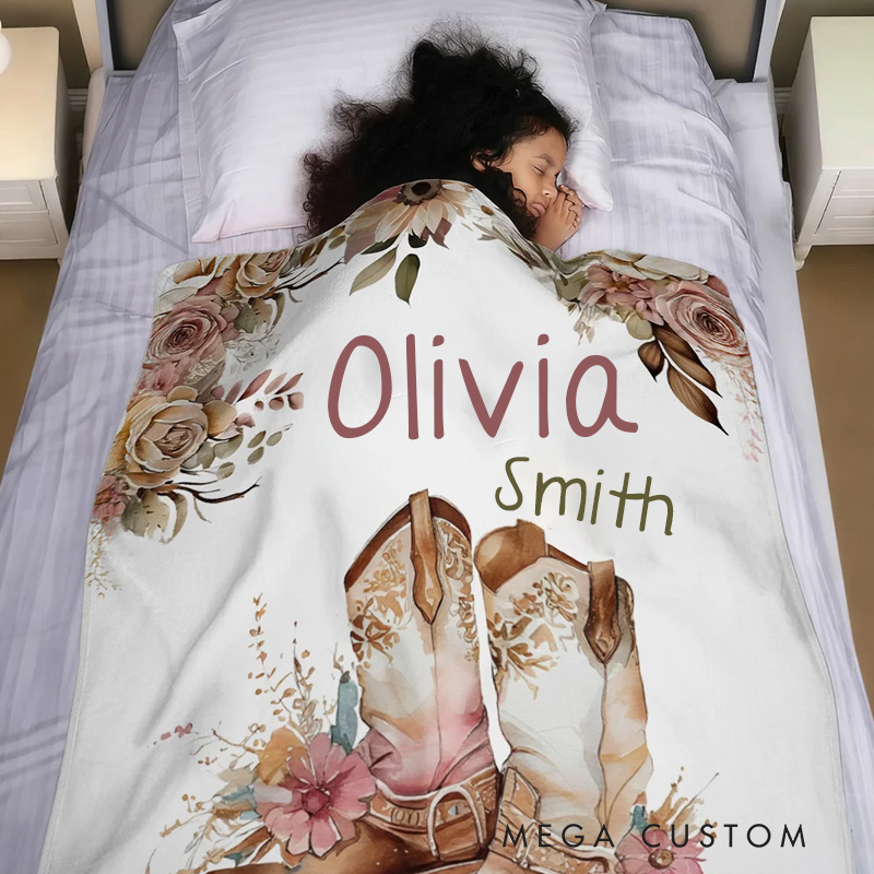 Personalized Floral Cowgirl Boots Western Soft Throw Blanket with Name Home Decor Western Nursery Birthday Gift for Cowgirls Friends Riding Lovers Equestrian Lovers