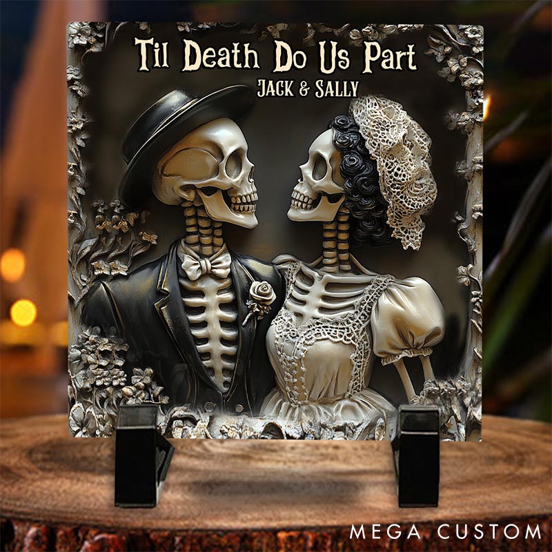Personalized Skeleton Couple Til Death Do Us Part Rectangle Shaped Stone with Stand Skeleton Newlyweds Graphic 3D Print Stone Valentines Day Gift