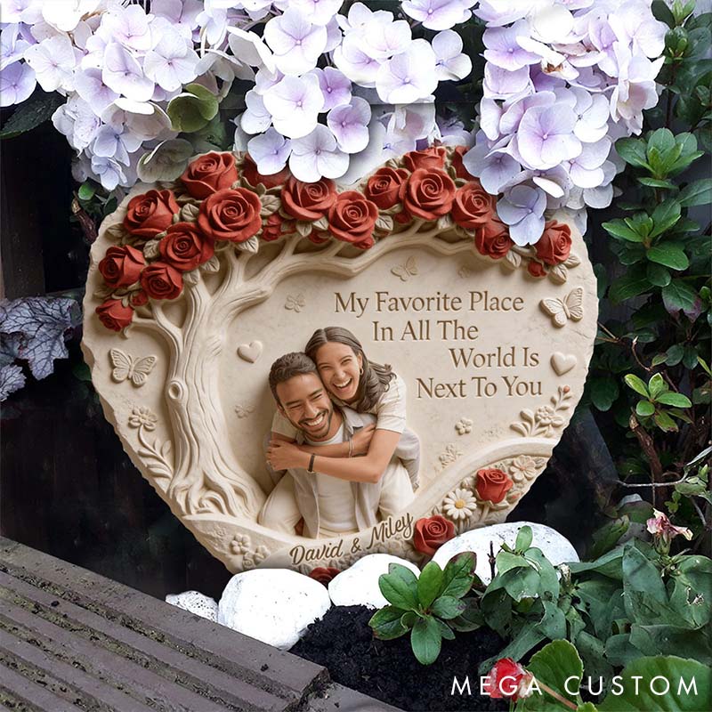 Personalized Couple Photo My Favorite Place Is Next To You Heart Shaped Stone with Stand Custom Floral Tree 3D Effect Stone Valentines Day Gift