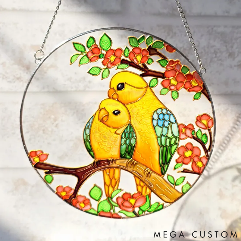 Personalized Pet Lover Funny Lovebirds Portrait Stained Sun Catcher