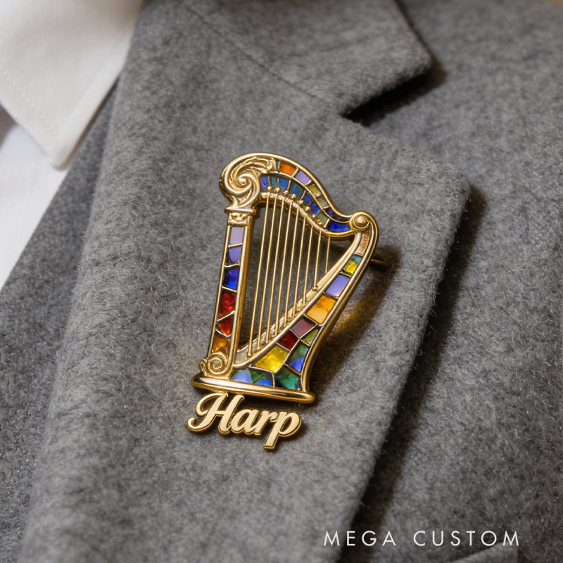 Personalized Harp-Inspired Custom Enamel Brooch Crafted From the Instrument of Your Choice