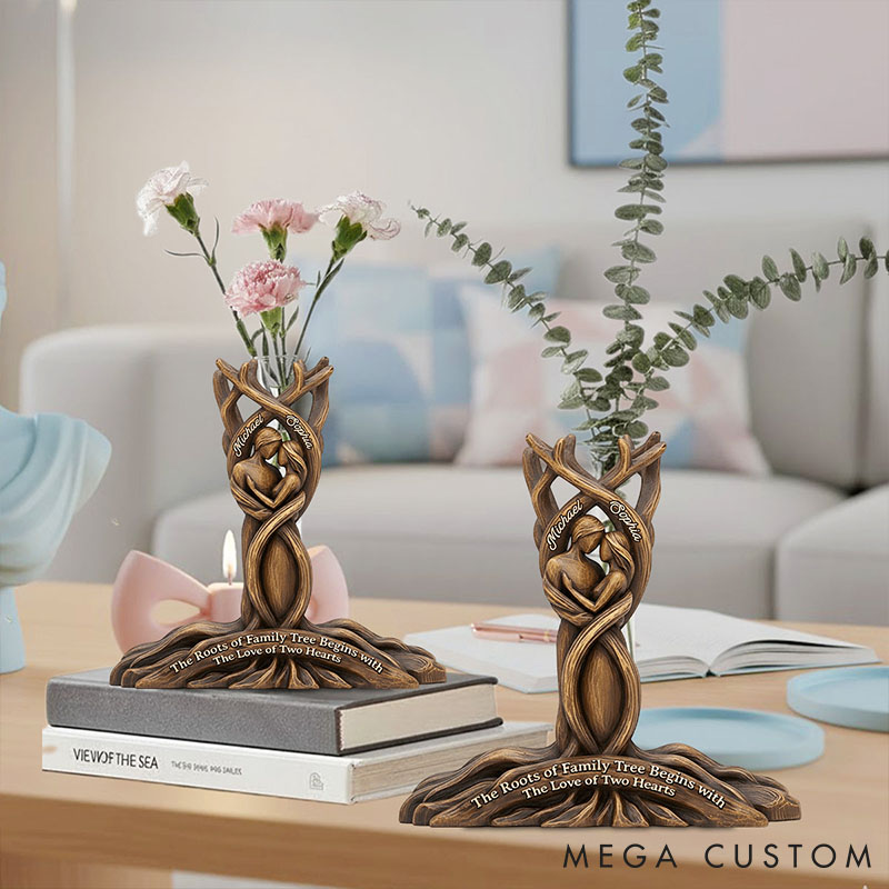 Personalized Couple The Roots of Family Tree Begins with The Love of Two Hearts Acrylic Flower Vase Imitation Wood 3D Effect Vase Valentines Day Gift