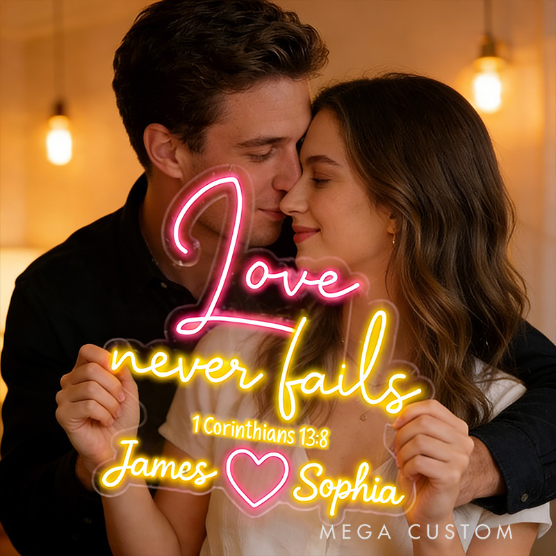 Personalized Love Never Fails Neon Sign with Custom Names Bible Verse Neon Sign Wedding Anniversary Gift Valentine's Day Decor Religious Gift for Couple
