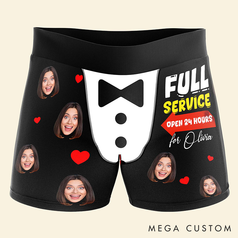 Personalized Girlfriend Wife Face Full Service Open 24 Hours for Her Boxer Briefs Men Underwear with Woman Face Photo Valentines Day Gift for Him