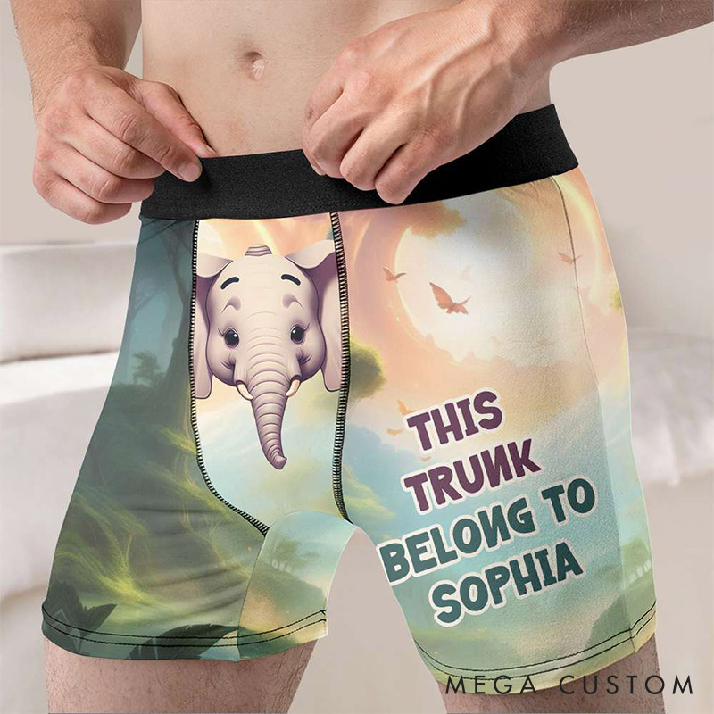 Personalized Man This Trunk Belong To Her Boxer Brief Custom Men Elephant Pattern Underwear with Woman Name Valentines Day Gift for Boyfriend Husband