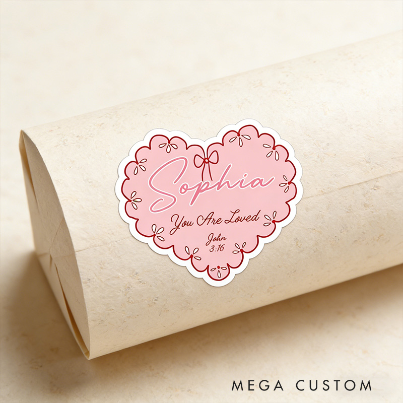 Personalized Pink Bow Heart you are Loved Bible Verse Stickers with Name Religious Gift Valentine's Day Gift for Couple Woman