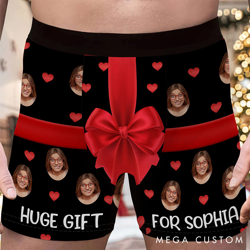 Personalized Girlfriend Wife Face Boxer Brief Red Bow Huge Gift For Her Men Underwear with Woman Face Photo Valentines Day Gift for Boyfriend Husband