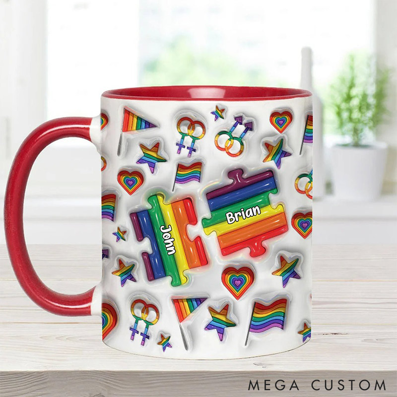 Personalized Rainbow Love is Love Mug Puzzle LGBT Couple Coffee Mug Imitation 3D Print Accent Mug Valentine's Gift for LGBT couple