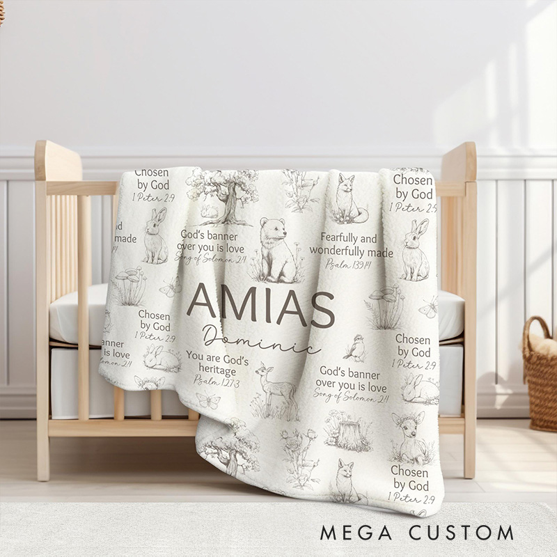 Personalized Woodland Animals Bible Verse Soft Throw Blanket with Custom Name Baby Shower Nursery Prayer Baby Gift Religious Gift for Kids