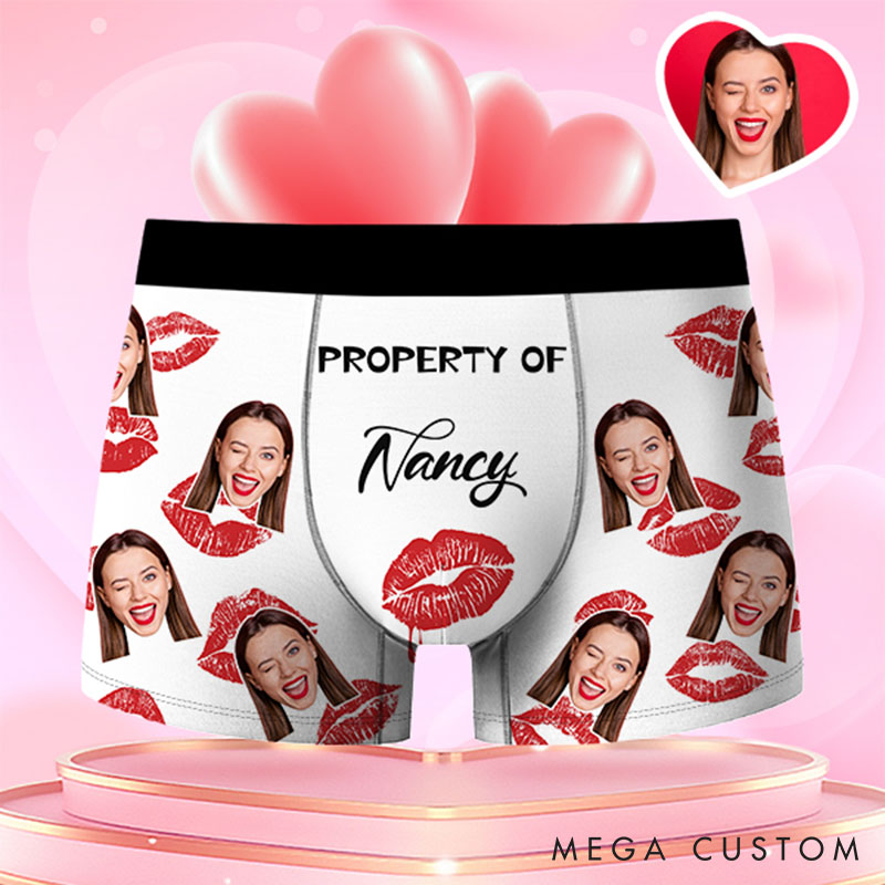 Personalized Girlfriend Wife Face Boxer Brief Red Lips Print Property of Her Men Underwear with Photo Valentines Day Gift for Boyfriend Husband