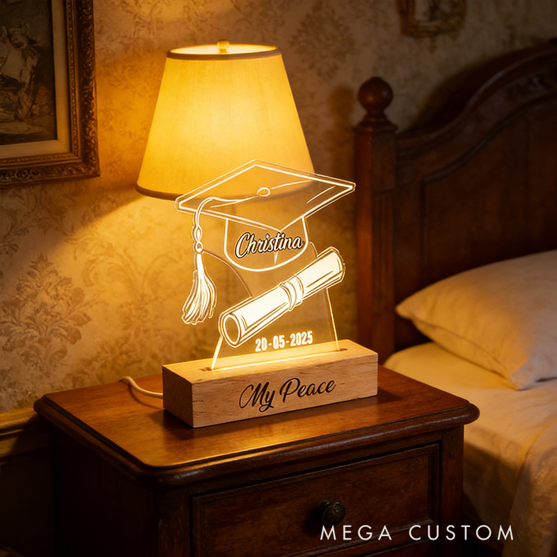 Personalized Graduation Gifts Custom Name and Year Acrylic Night Light Beech Wood LED Lamp for Students Graduation Decor