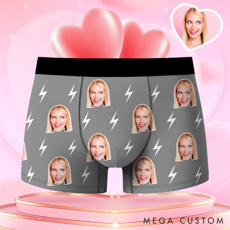 Personalized Girlfriend Wife Face Boxer Brief Lightning Print Men Underwear with Woman Face Photo Portrait Valentines Day Gift for Boyfriend Husband